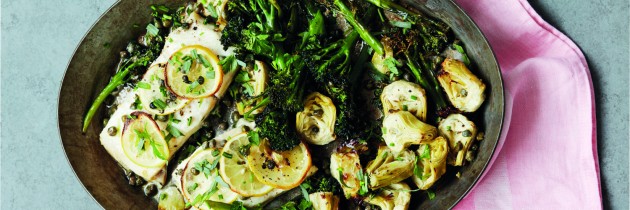 Pan-Roasted Halibut with Artichokes and Broccoli