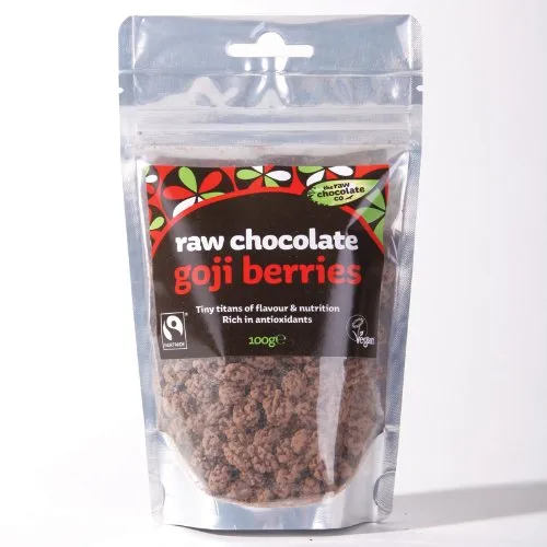 The Raw Chocolate Company Limited Goji berries covered with organic raw chocolate and dusted with organic raw cacao powder 100g